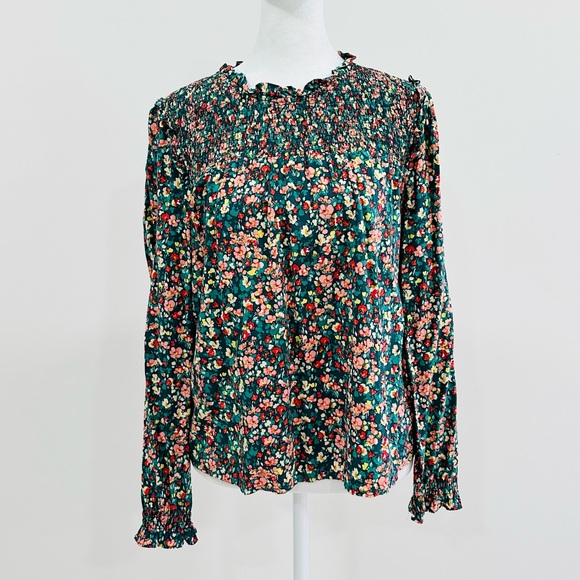 J. Crew‎ Factory Smocked Ruffleneck Top Small Viscose Multicolor - Picture 1 of 11